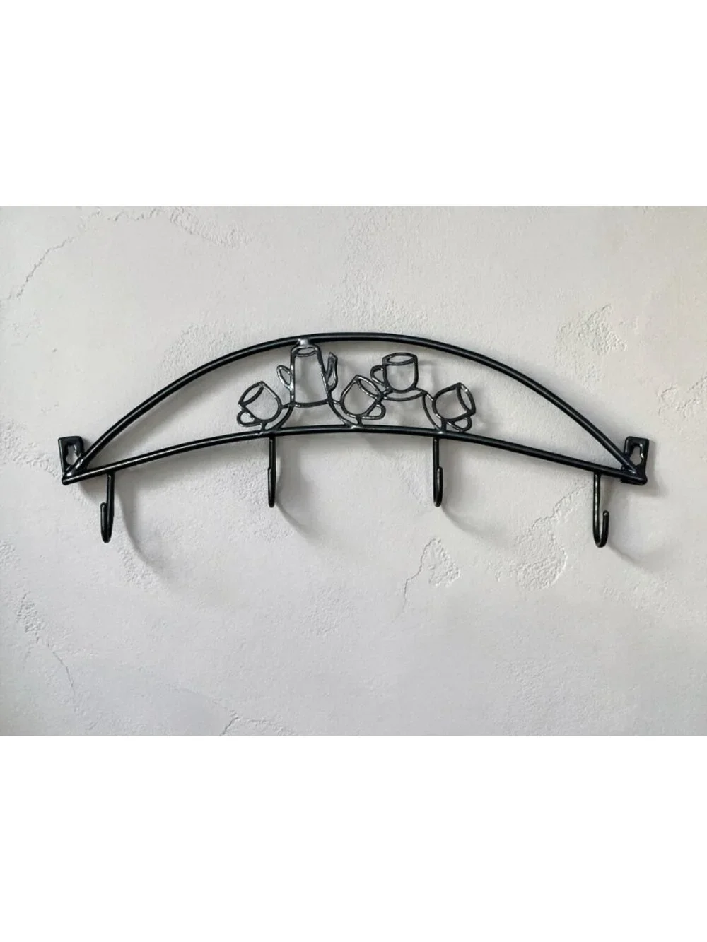 Black Metal Wall-Mounted Coffee-Themed Hook Rack With 4 Hooks